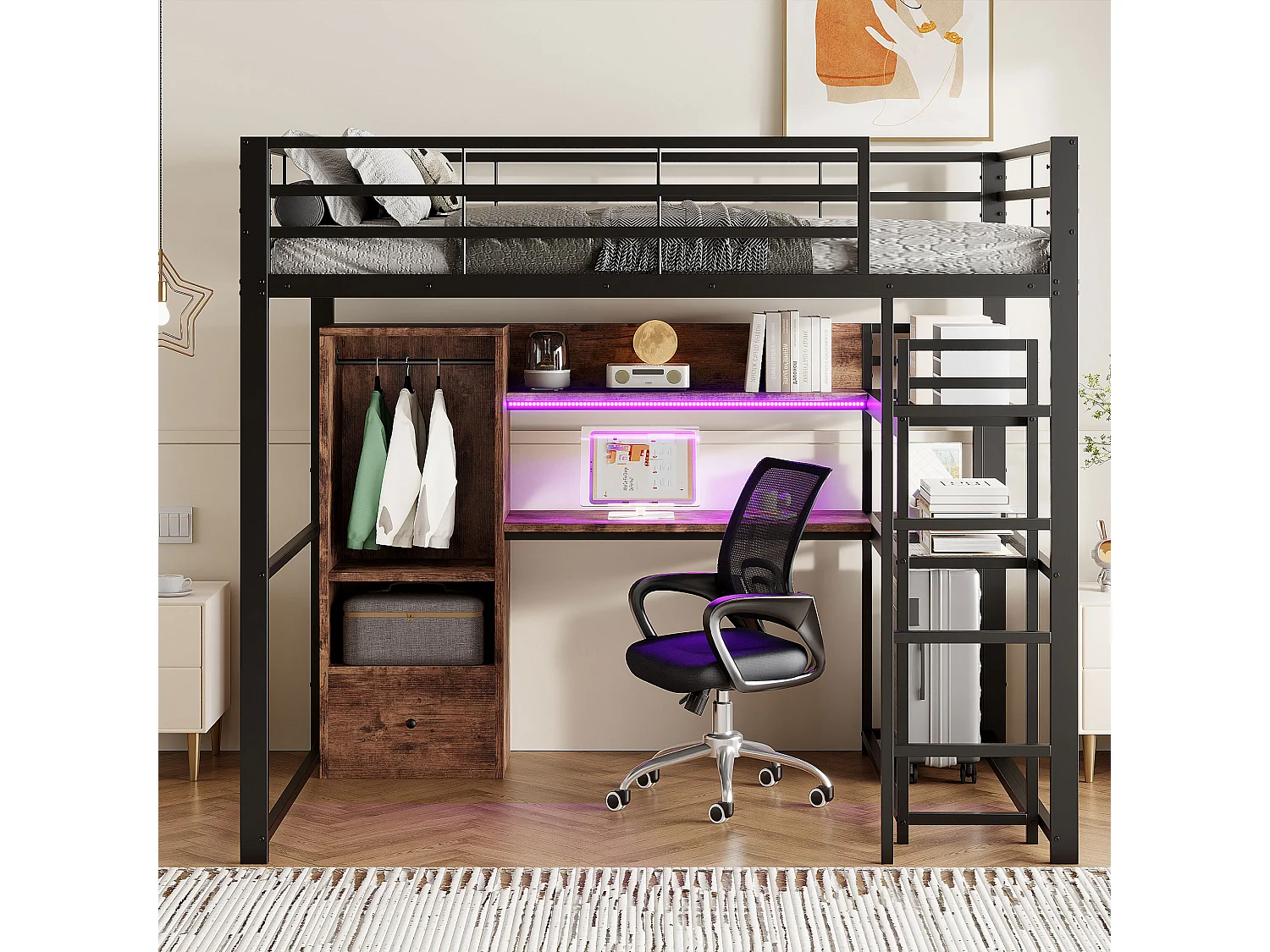 Lit mezzanine 140x200 cm, cadre métal avec LED, bureau, tiroir, étagères, rambarde, échelle, sans matelas, Noir