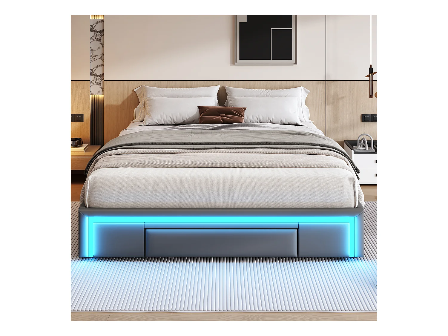 Lit 160×200 cm en cuir PU gris avec tiroirs, sans tête de lit, plateforme en métal avec éclairage LED