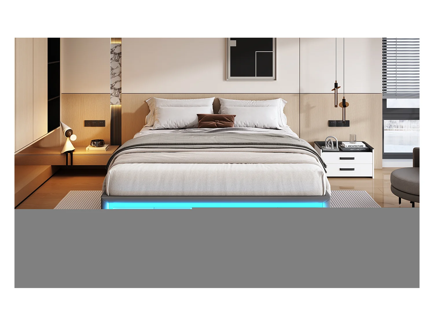 Lit 160×200 cm en cuir PU gris avec tiroirs, sans tête de lit, plateforme en métal avec éclairage LED