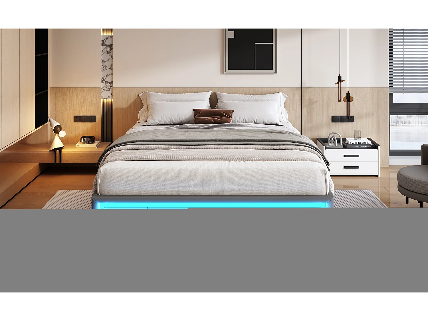 Lit 160×200 cm en cuir PU gris avec tiroirs, sans tête de lit, plateforme en métal avec éclairage LED