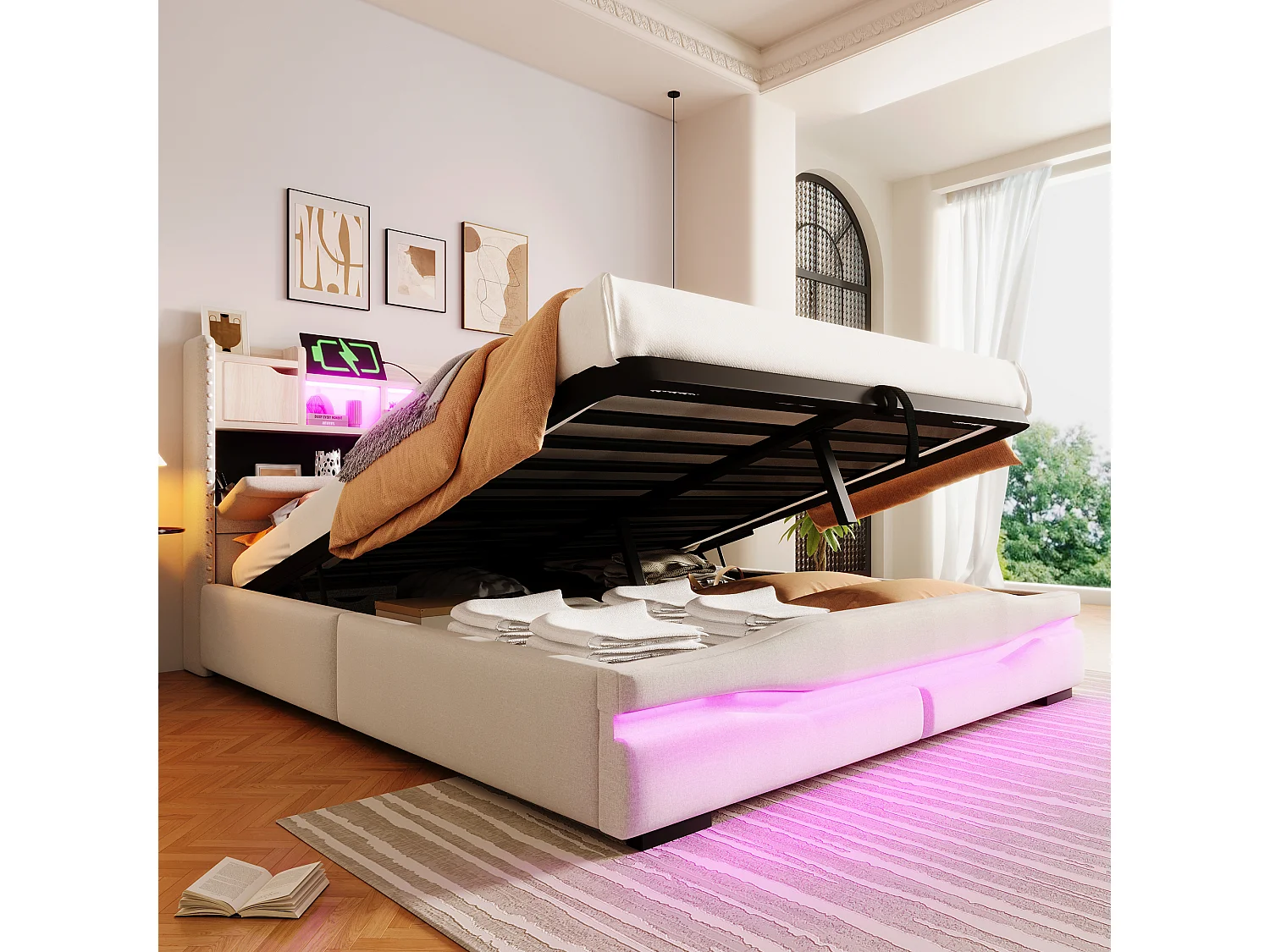 Lit rembourré 160x200 cm avec prise USB + Type-C, LED télécommandée sous le lit, tête de lit avec rangement, fonction de stockage hydraulique, sans matelas, Beige