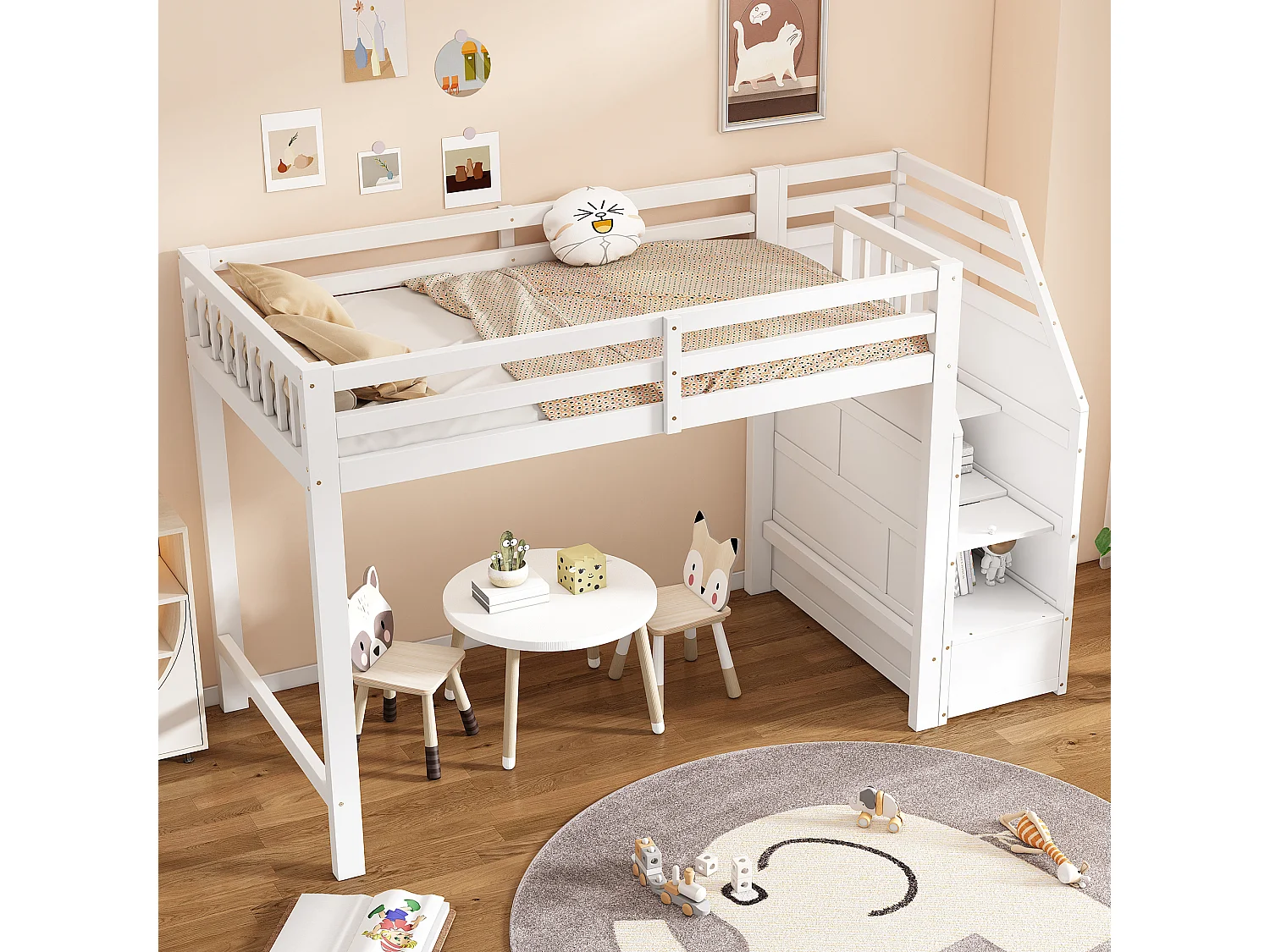 Lit mezzanine 90x200 cm blanc, avec sommier, garde-corps, marches escamotables, espace modulable, certifié EN747