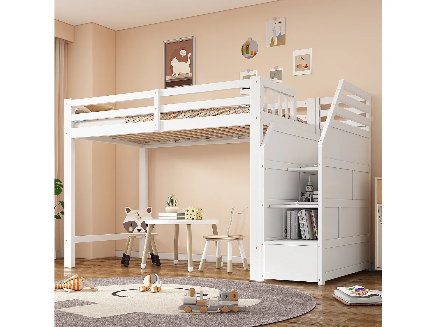 Lit mezzanine 90x200 cm blanc, avec sommier, garde-corps, marches escamotables, espace modulable, certifié EN747