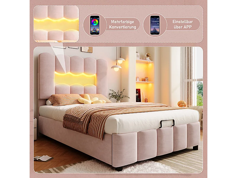 Lit en Velours Rembourré 90 x 200 cm, sans Matelas, Éclairage LED, Système Hydraulique, Tête de Lit Réglable, Rose