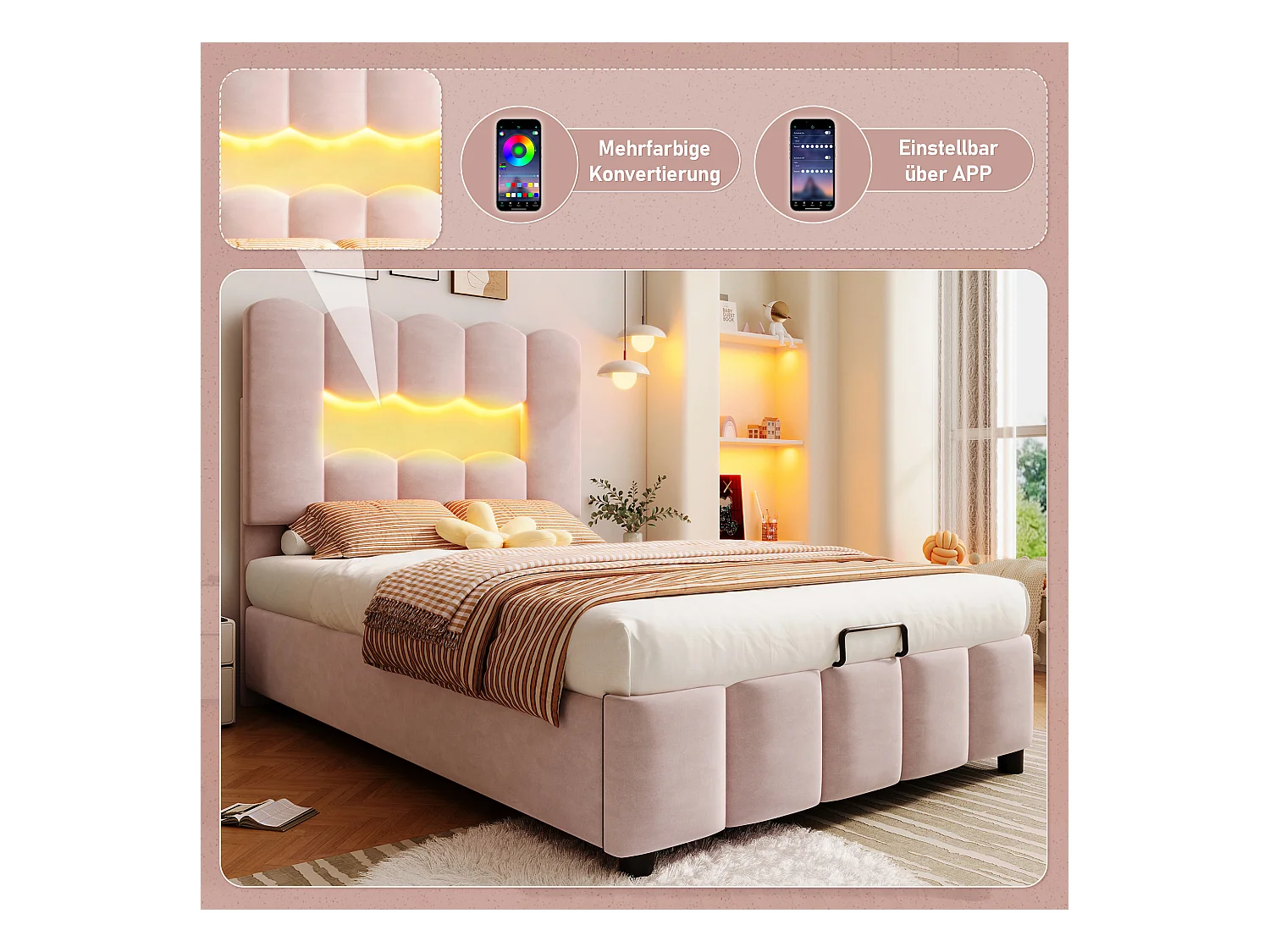 Lit en Velours Rembourré 90 x 200 cm, sans Matelas, Éclairage LED, Système Hydraulique, Tête de Lit Réglable, Rose