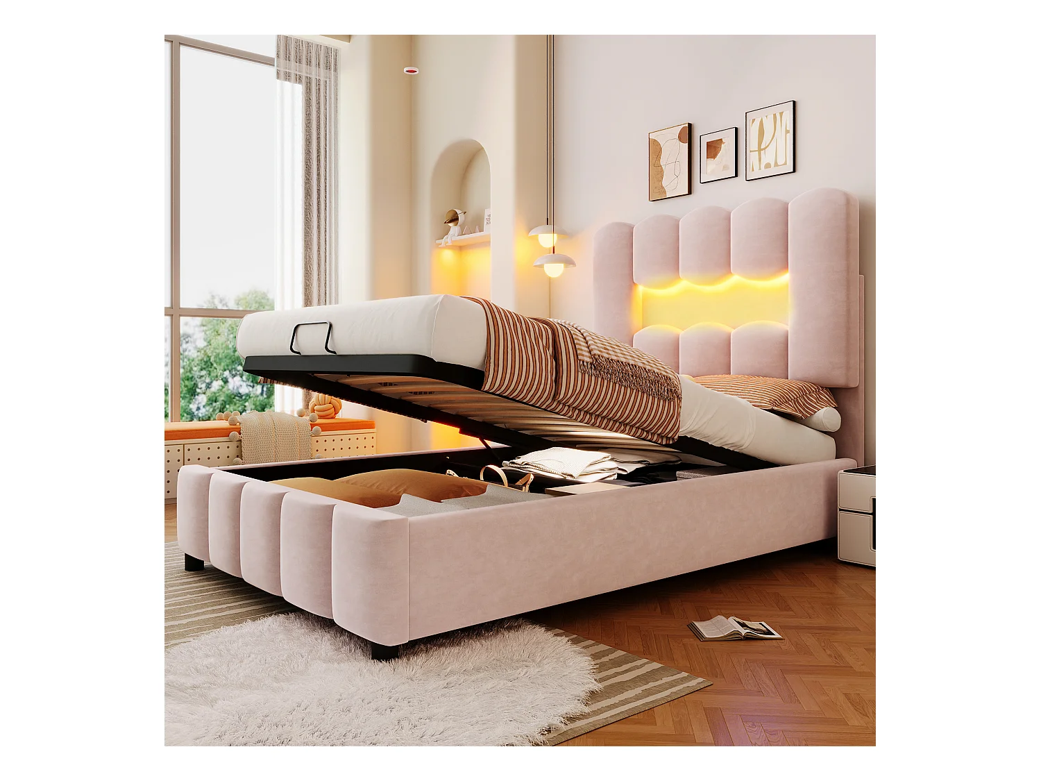 Lit en Velours Rembourré 90 x 200 cm, sans Matelas, Éclairage LED, Système Hydraulique, Tête de Lit Réglable, Rose