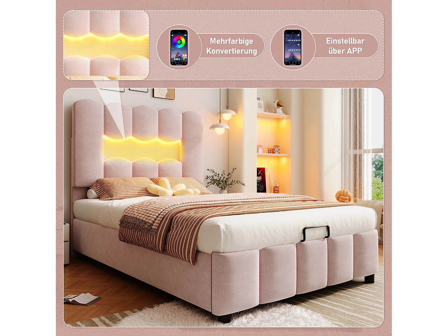 Lit en Velours Rembourré 90 x 200 cm, sans Matelas, Éclairage LED, Système Hydraulique, Tête de Lit Réglable, Rose