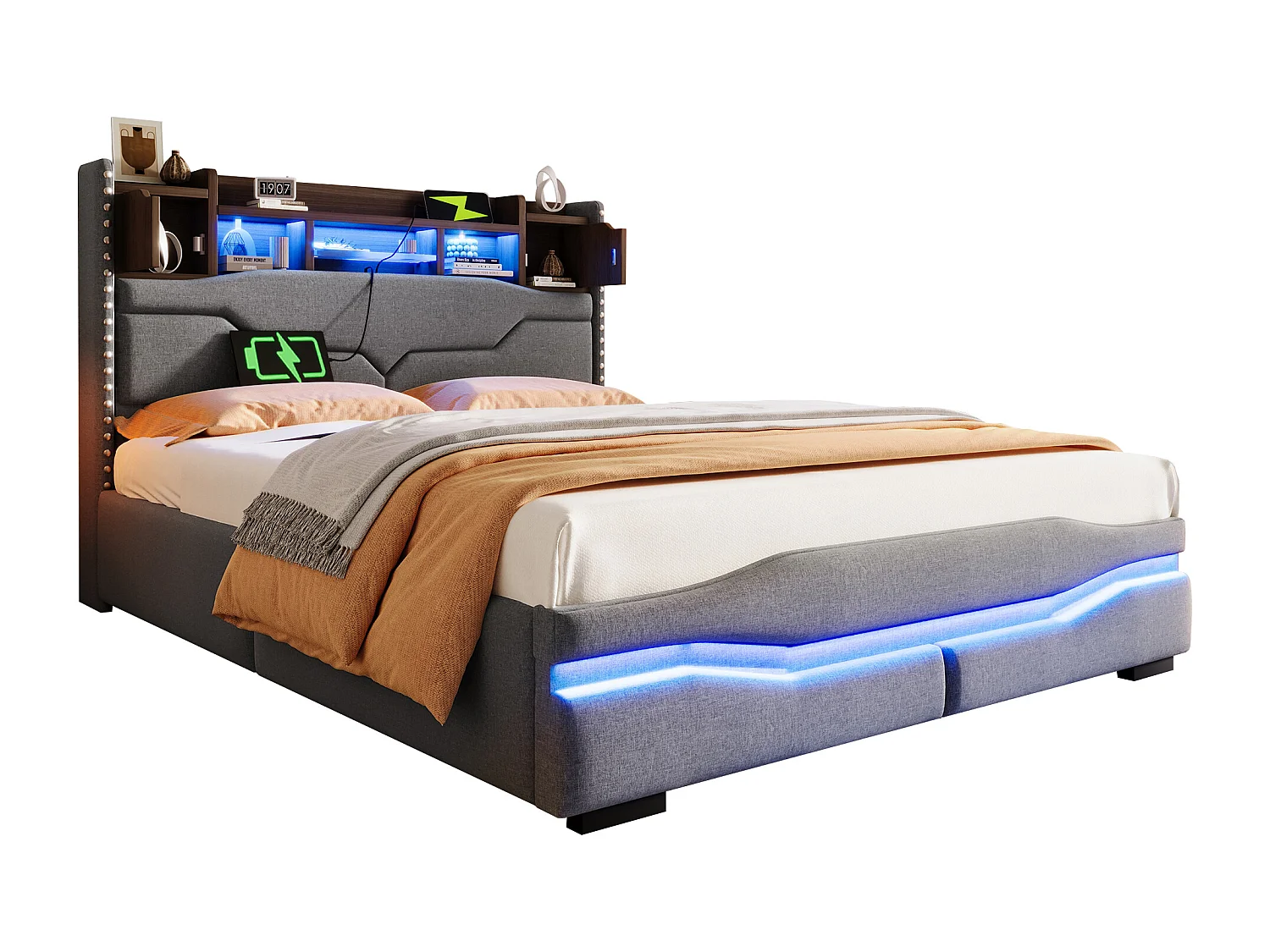 Lit rembourré 140x200 cm avec USB, LED télécommandée sous le lit, tête de lit avec rangement, fonction de stockage hydraulique, sans matelas, Gris