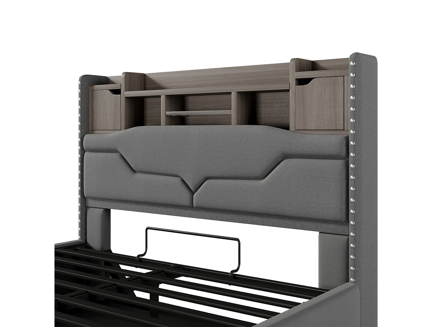 Lit rembourré 140x200 cm avec USB, LED télécommandée sous le lit, tête de lit avec rangement, fonction de stockage hydraulique, sans matelas, Gris