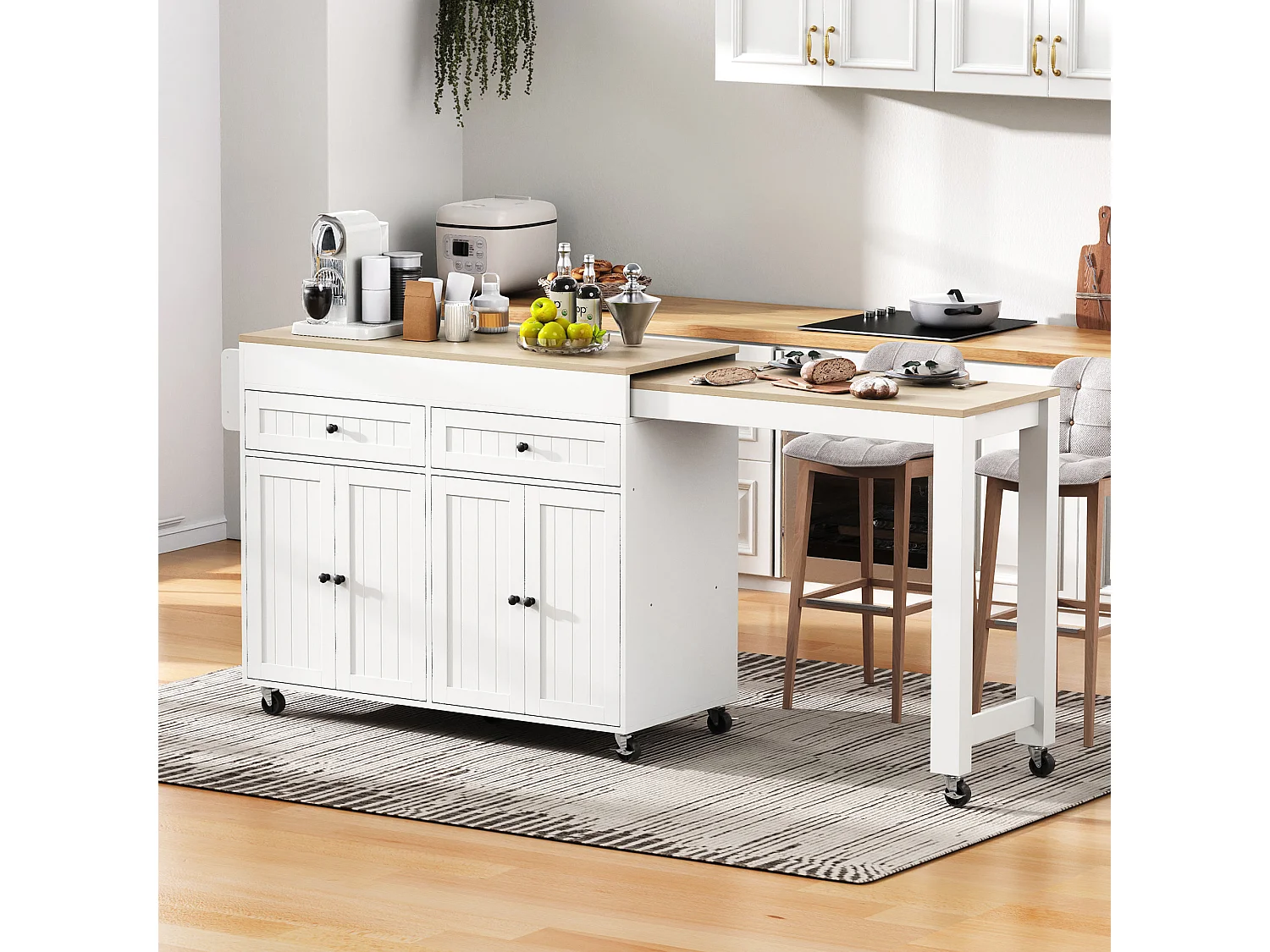 URBAN MEUBLE Îlot de cuisine mobile multifonctionnel avec plateau rétractable 2 tiroirs et 4 portes