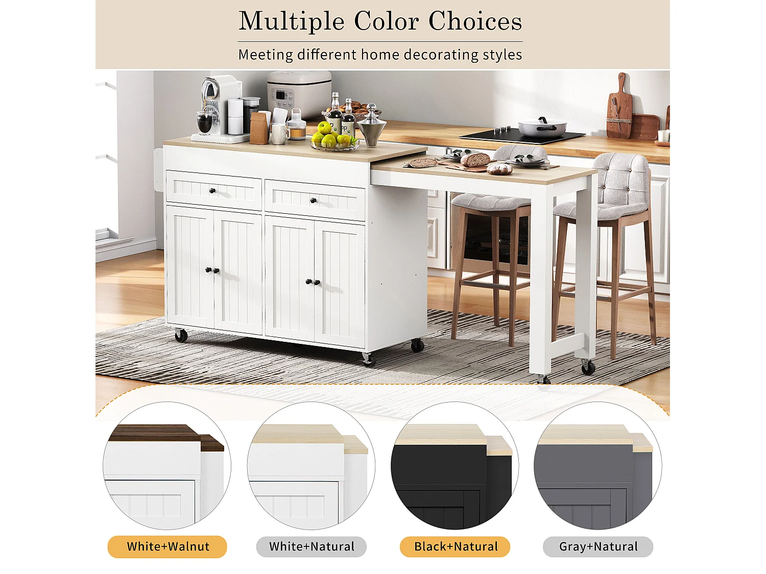 URBAN MEUBLE Îlot de cuisine mobile multifonctionnel avec plateau rétractable 2 tiroirs et 4 portes