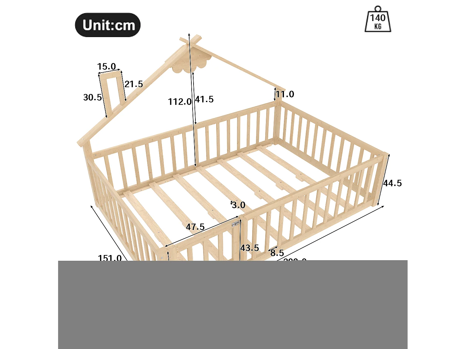 Lit bas 140x190 cm pour enfant avec barreau maison, rambarde avec verrou, bois de pin, Naturel