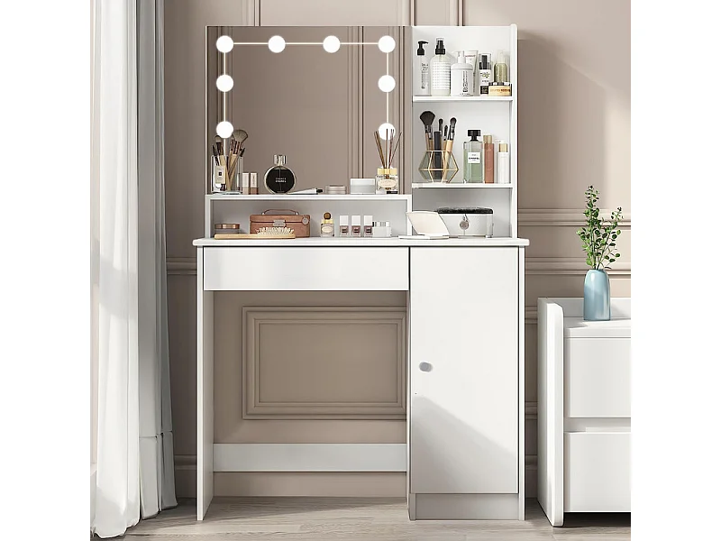 Coiffeuse HavenlyHome avec Miroir LED à Luminosité Réglable, tiroir, 3 Compartiments et Coiffeuse de Maquillage en Bois- Blane