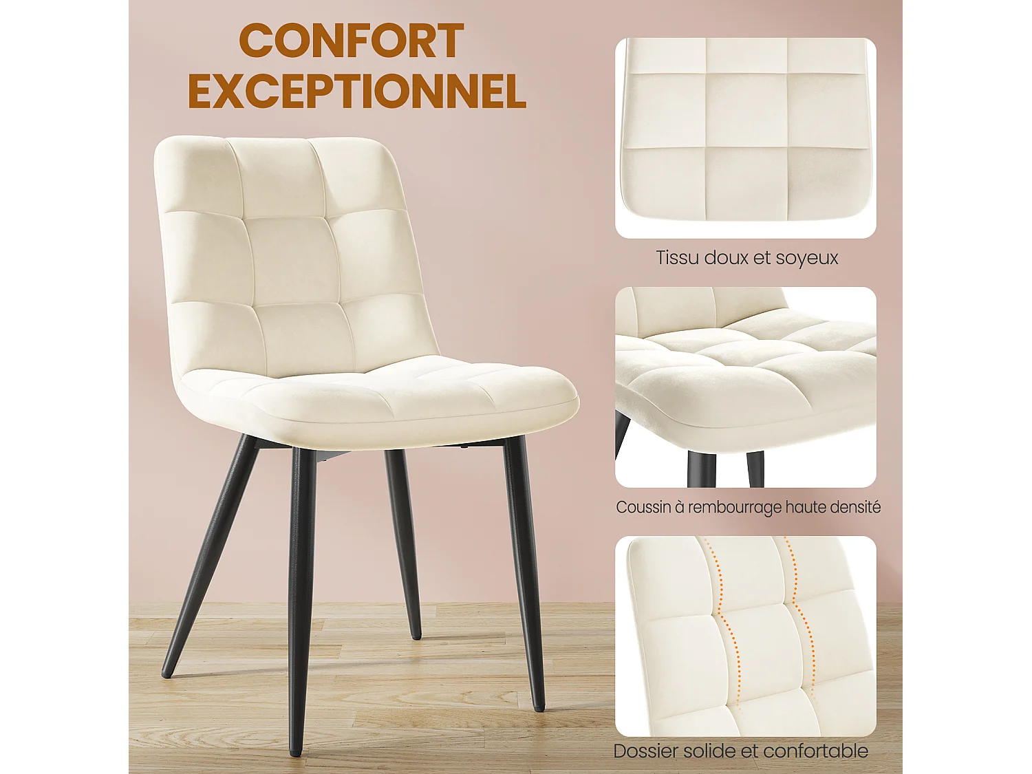 Lot de 4 Chaises Salle à Manger HavenlyHome, Ergonomique, pour Salon, Chambre à Coucher, Beige