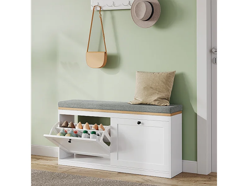 Meuble à Chaussures HavenlyHome, avec Coussin d'Assise, Étagères Réglables, 8 à 12 Paires, Banc d'Entrée, Couloir, Placard, Blanc