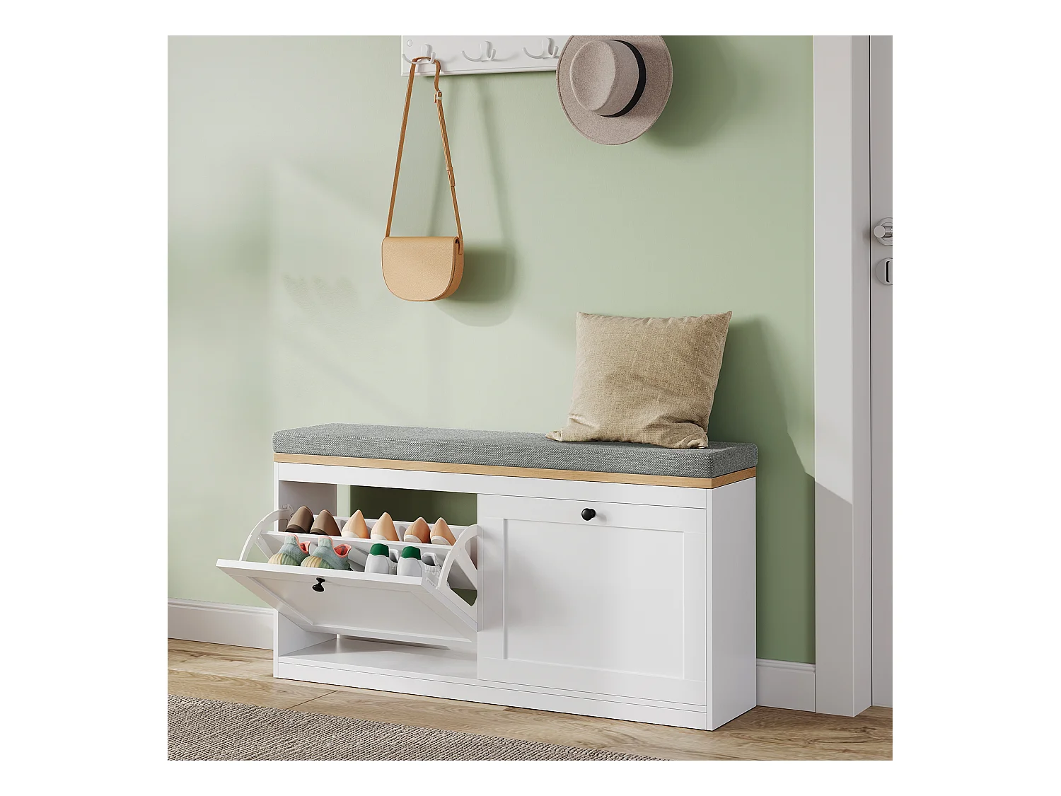 Meuble à Chaussures HavenlyHome, avec Coussin d'Assise, Étagères Réglables, 8 à 12 Paires, Banc d'Entrée, Couloir, Placard, Blanc