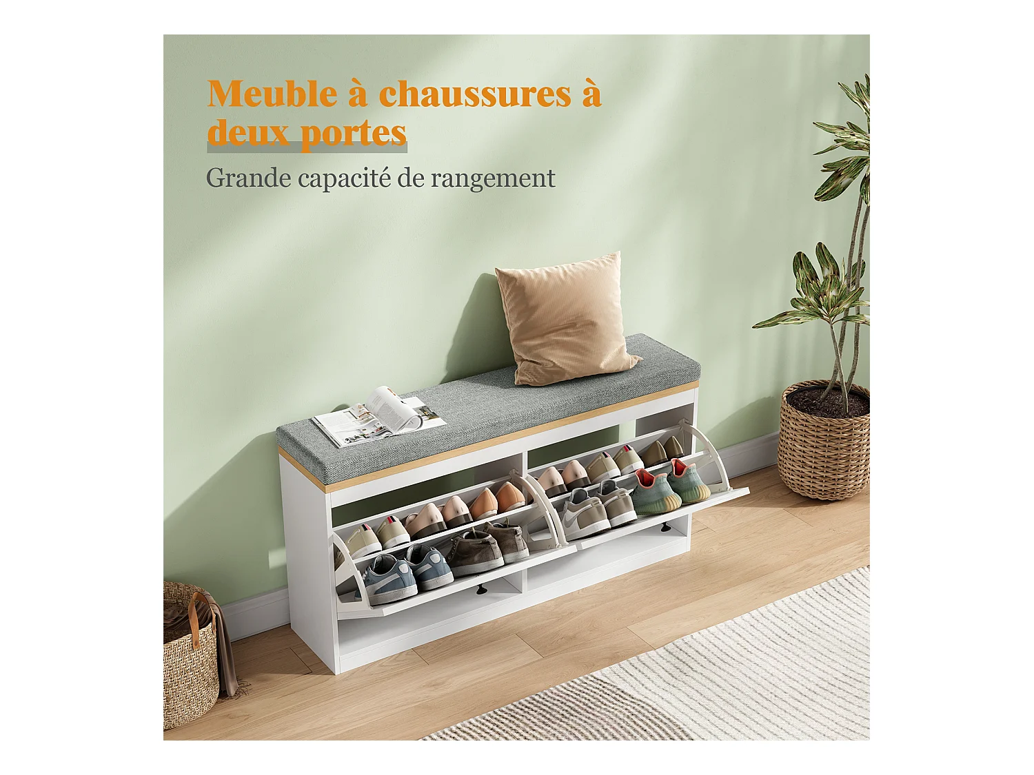 Meuble à Chaussures HavenlyHome, avec Coussin d'Assise, Étagères Réglables, 8 à 12 Paires, Banc d'Entrée, Couloir, Placard, Blanc