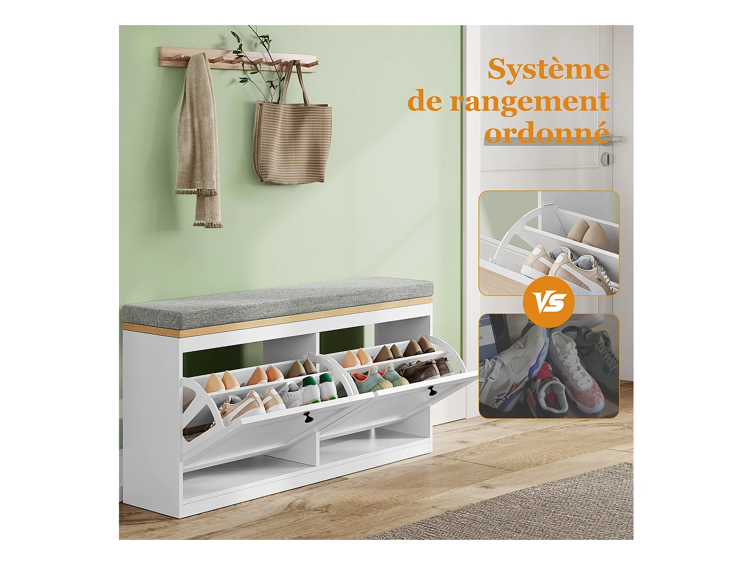 Meuble à Chaussures HavenlyHome, avec Coussin d'Assise, Étagères Réglables, 8 à 12 Paires, Banc d'Entrée, Couloir, Placard, Blanc