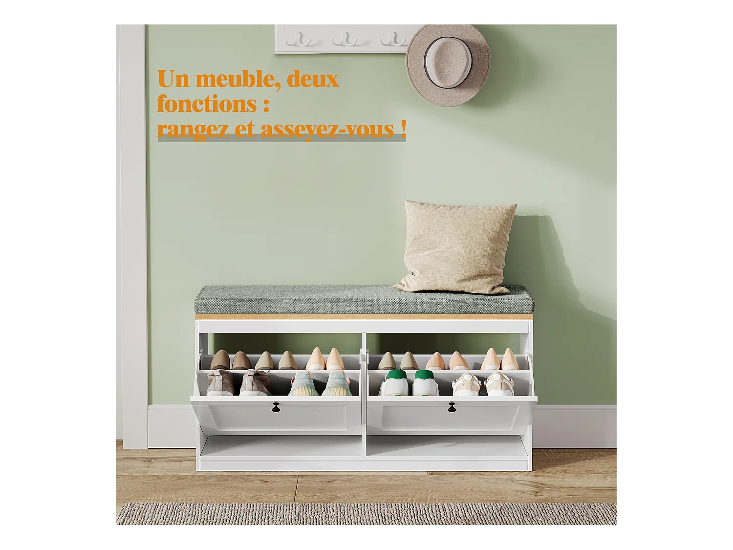 Meuble à Chaussures HavenlyHome, avec Coussin d'Assise, Étagères Réglables, 8 à 12 Paires, Banc d'Entrée, Couloir, Placard, Blanc