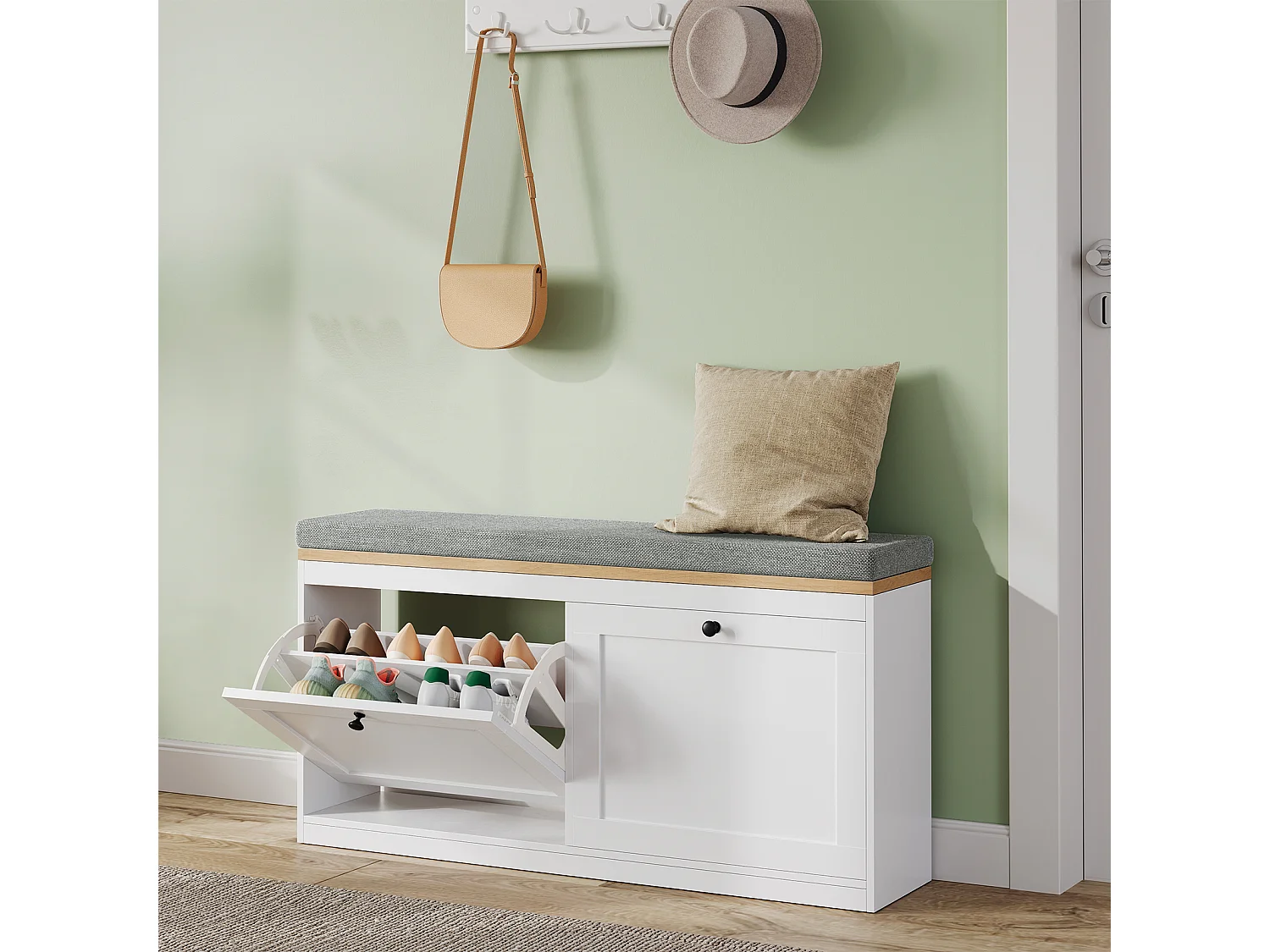 Meuble à Chaussures HavenlyHome, avec Coussin d'Assise, Étagères Réglables, 8 à 12 Paires, Banc d'Entrée, Couloir, Placard, Blanc