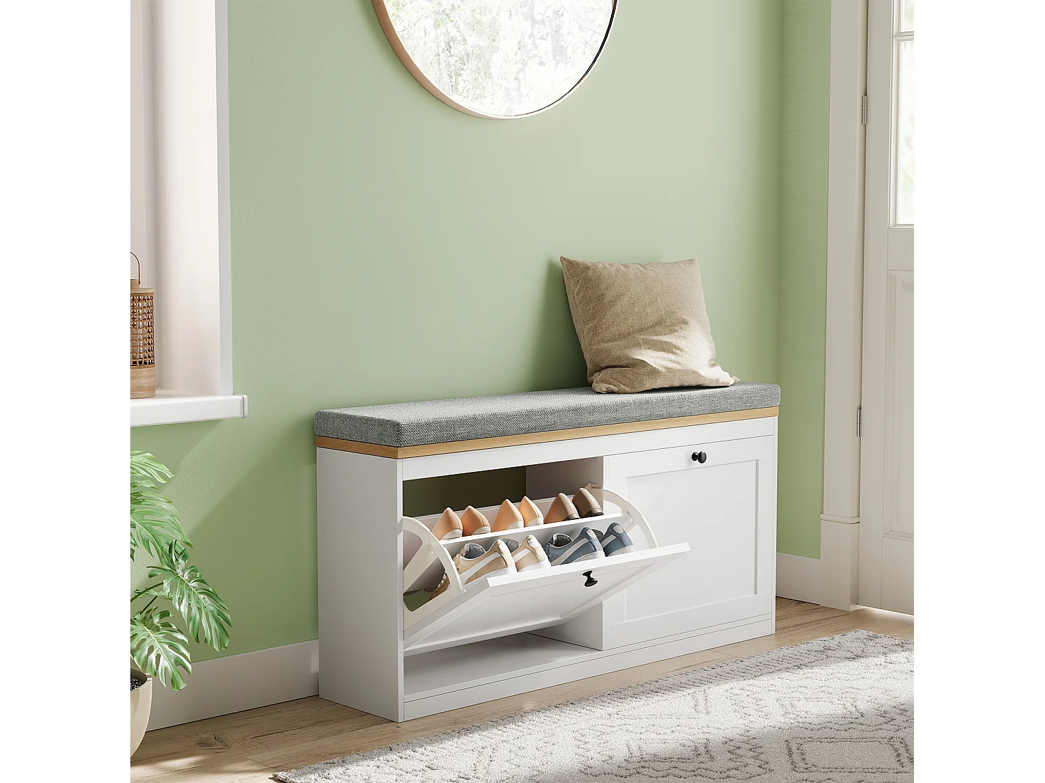 Meuble à Chaussures HavenlyHome, avec Coussin d'Assise, Étagères Réglables, 8 à 12 Paires, Banc d'Entrée, Couloir, Placard, Blanc