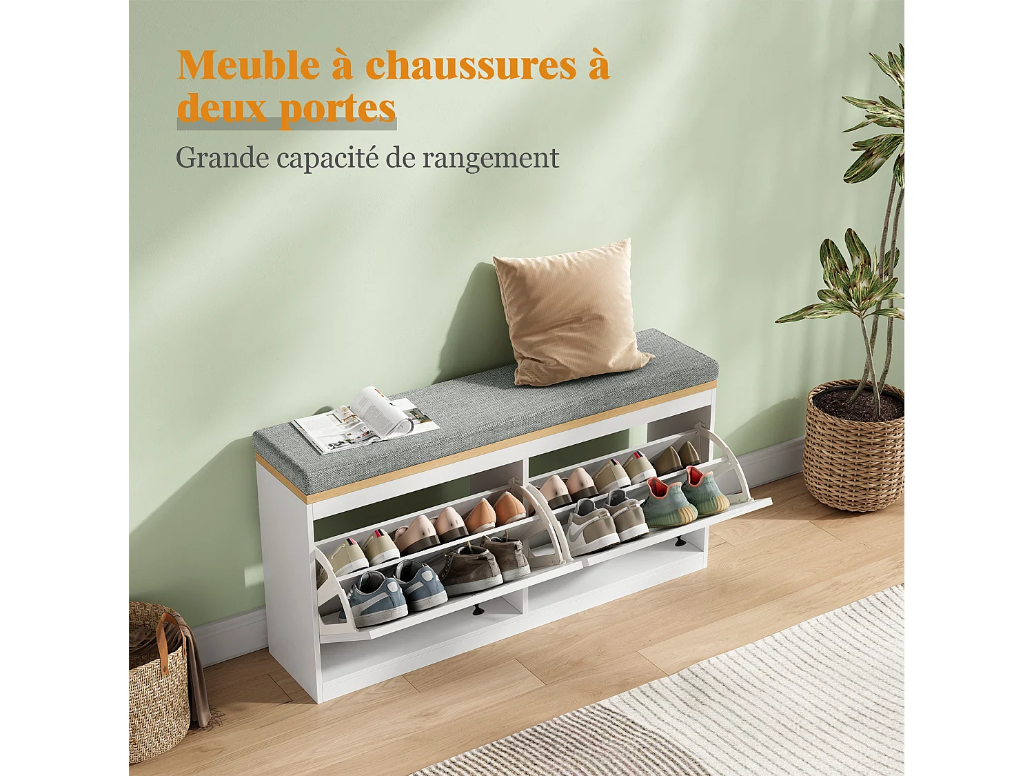 Meuble à Chaussures HavenlyHome, avec Coussin d'Assise, Étagères Réglables, 8 à 12 Paires, Banc d'Entrée, Couloir, Placard, Blanc