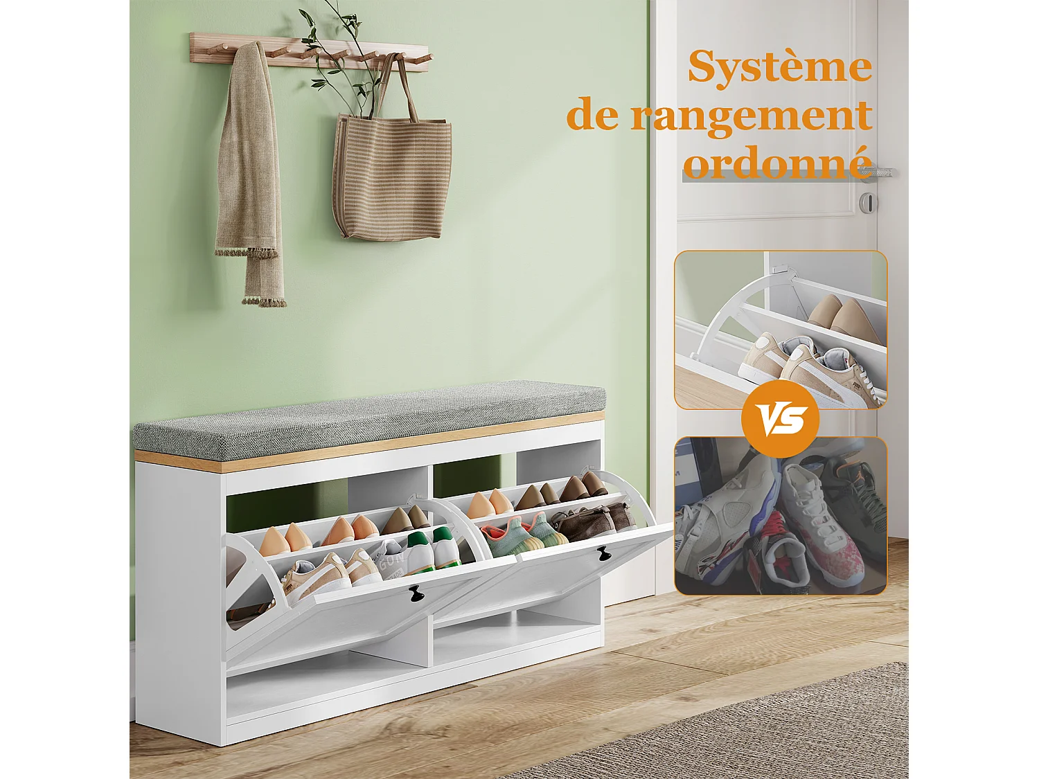 Meuble à Chaussures HavenlyHome, avec Coussin d'Assise, Étagères Réglables, 8 à 12 Paires, Banc d'Entrée, Couloir, Placard, Blanc