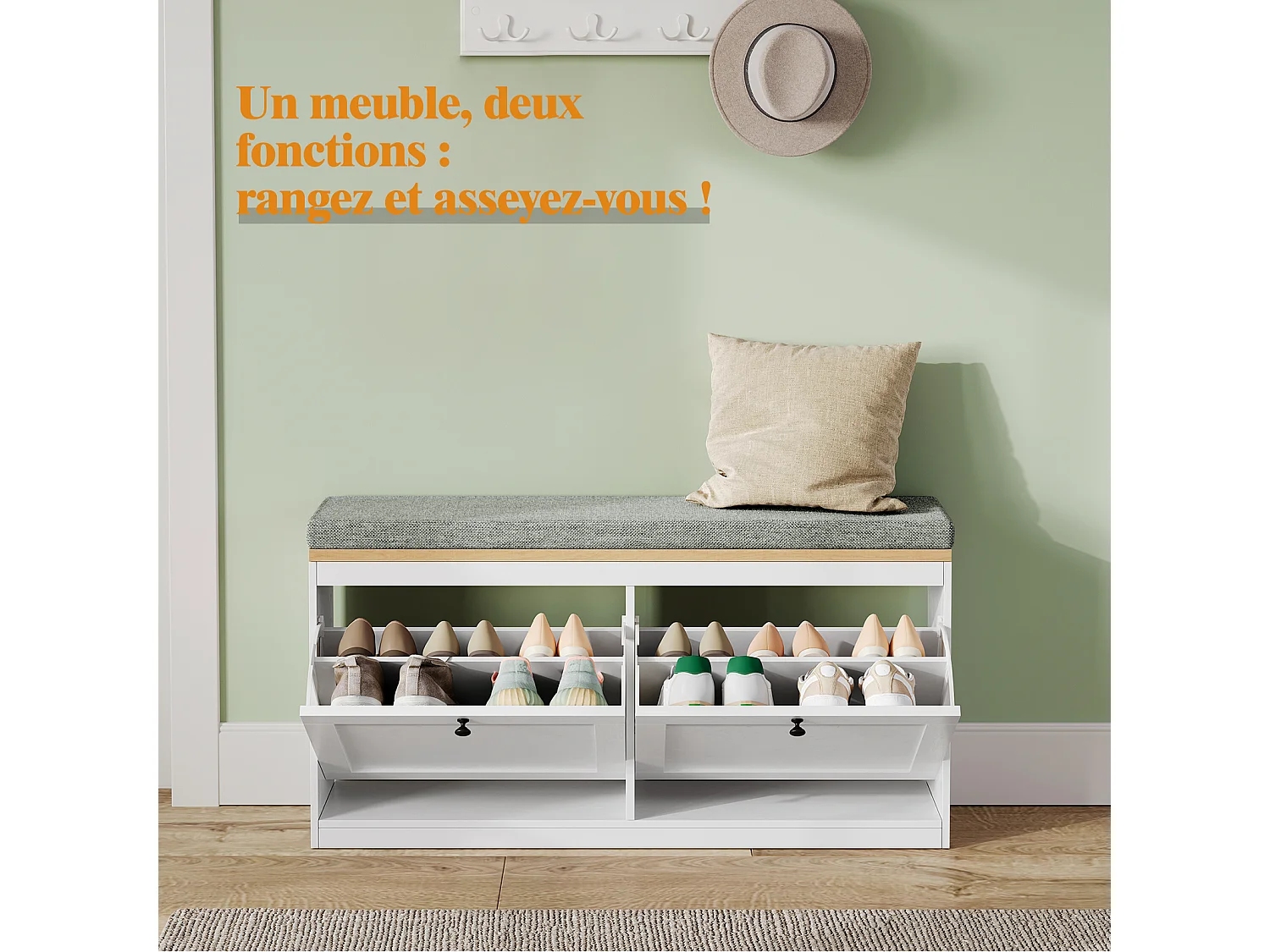 Meuble à Chaussures HavenlyHome, avec Coussin d'Assise, Étagères Réglables, 8 à 12 Paires, Banc d'Entrée, Couloir, Placard, Blanc