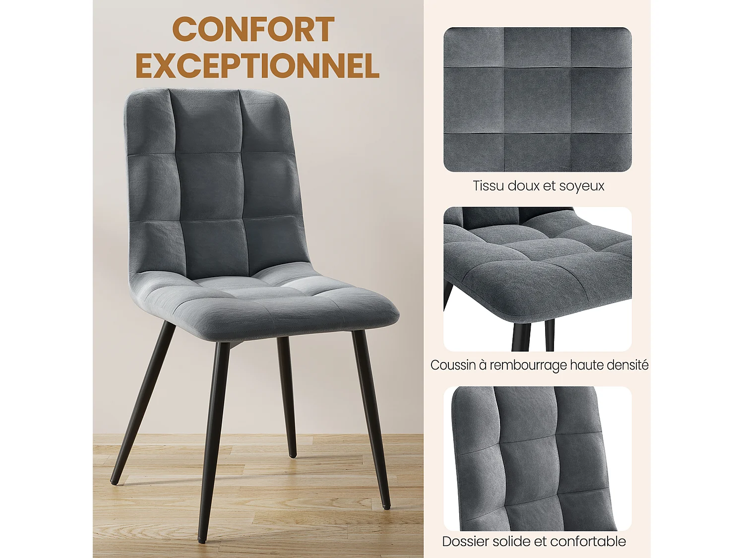 Lot de 4 Chaises Salle à Manger HavenlyHome, Ergonomique, pour Salon, Chambre à Coucher, Noir