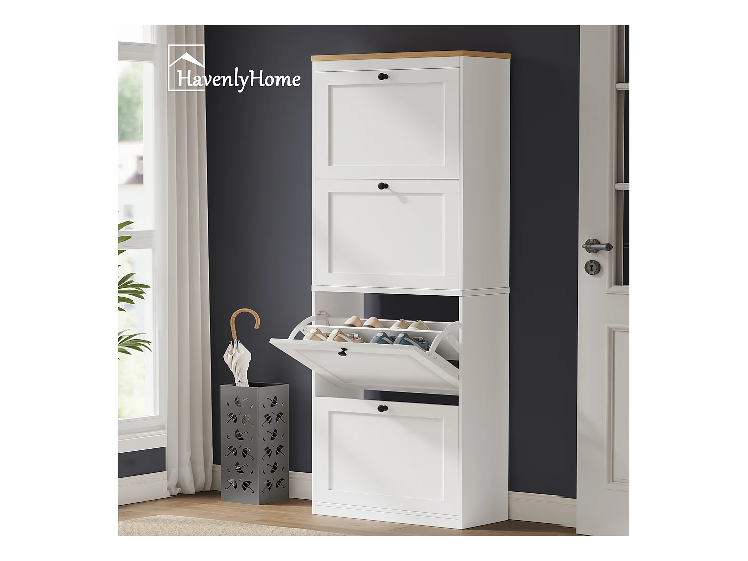 Meuble à Chaussures HavenlyHome, 3 Portes Abattantes, Étagères Réglable, 12 à 18 Paires, pour Entrée, Couloir, 60x24x117cm, Blanc