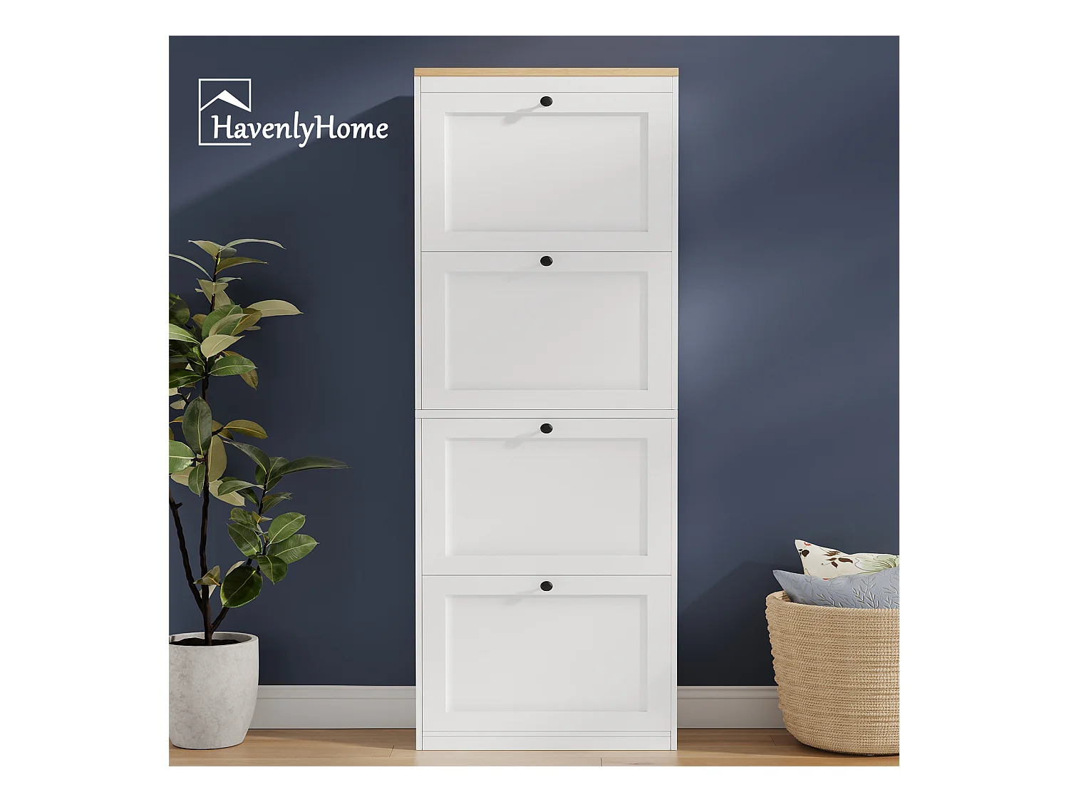 Meuble à Chaussures HavenlyHome, 3 Portes Abattantes, Étagères Réglable, 12 à 18 Paires, pour Entrée, Couloir, 60x24x117cm, Blanc