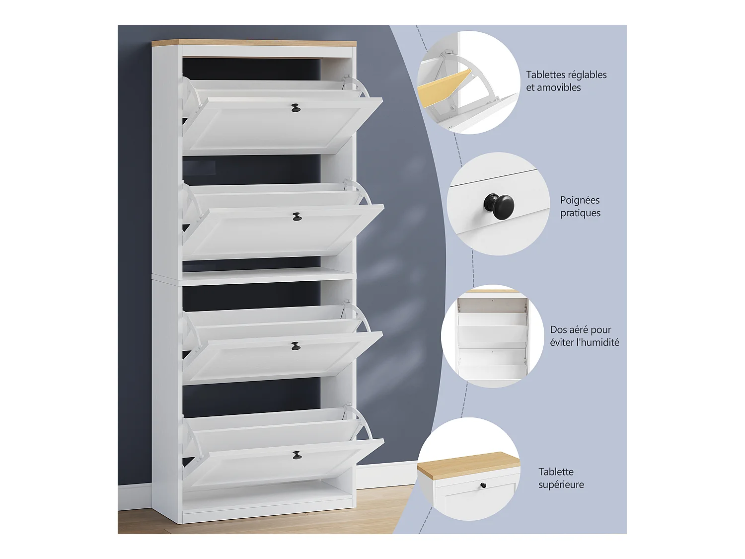 Meuble à Chaussures HavenlyHome, 3 Portes Abattantes, Étagères Réglable, 12 à 18 Paires, pour Entrée, Couloir, 60x24x117cm, Blanc