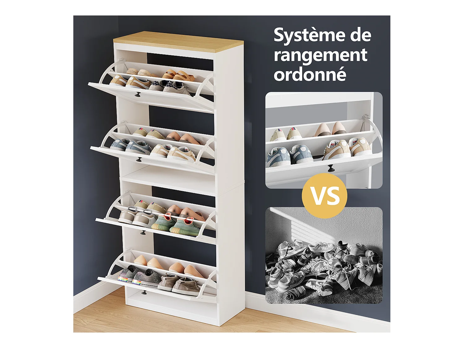 Meuble à Chaussures HavenlyHome, 3 Portes Abattantes, Étagères Réglable, 12 à 18 Paires, pour Entrée, Couloir, 60x24x117cm, Blanc