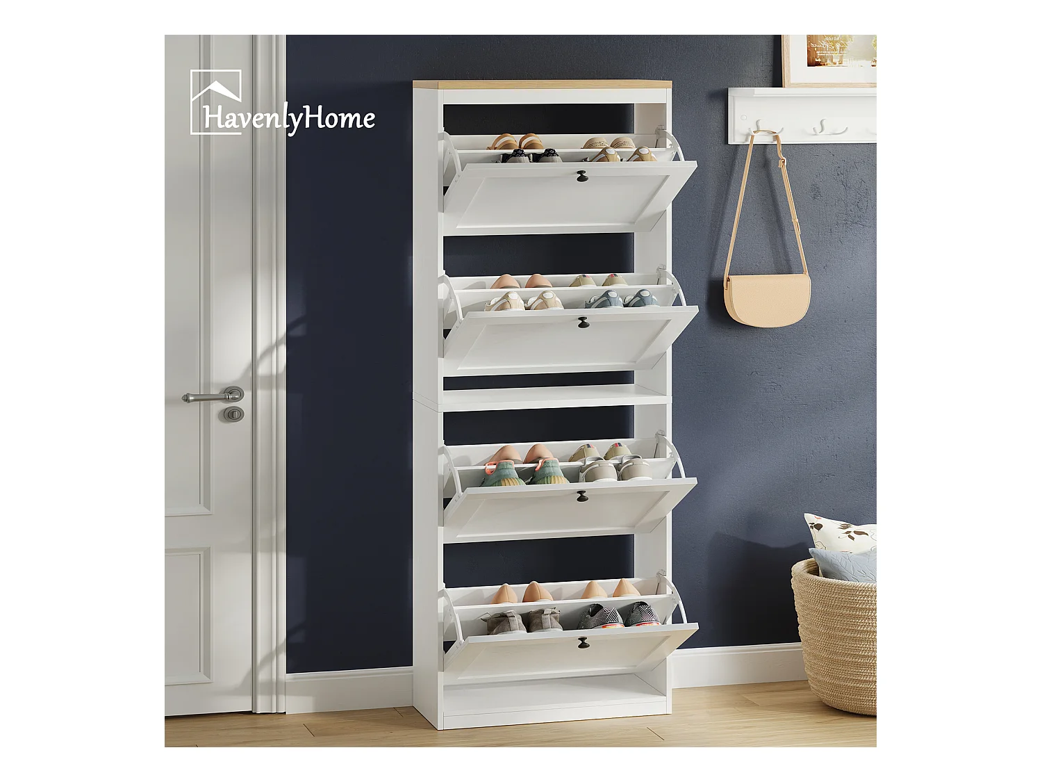 Meuble à Chaussures HavenlyHome, 3 Portes Abattantes, Étagères Réglable, 12 à 18 Paires, pour Entrée, Couloir, 60x24x117cm, Blanc