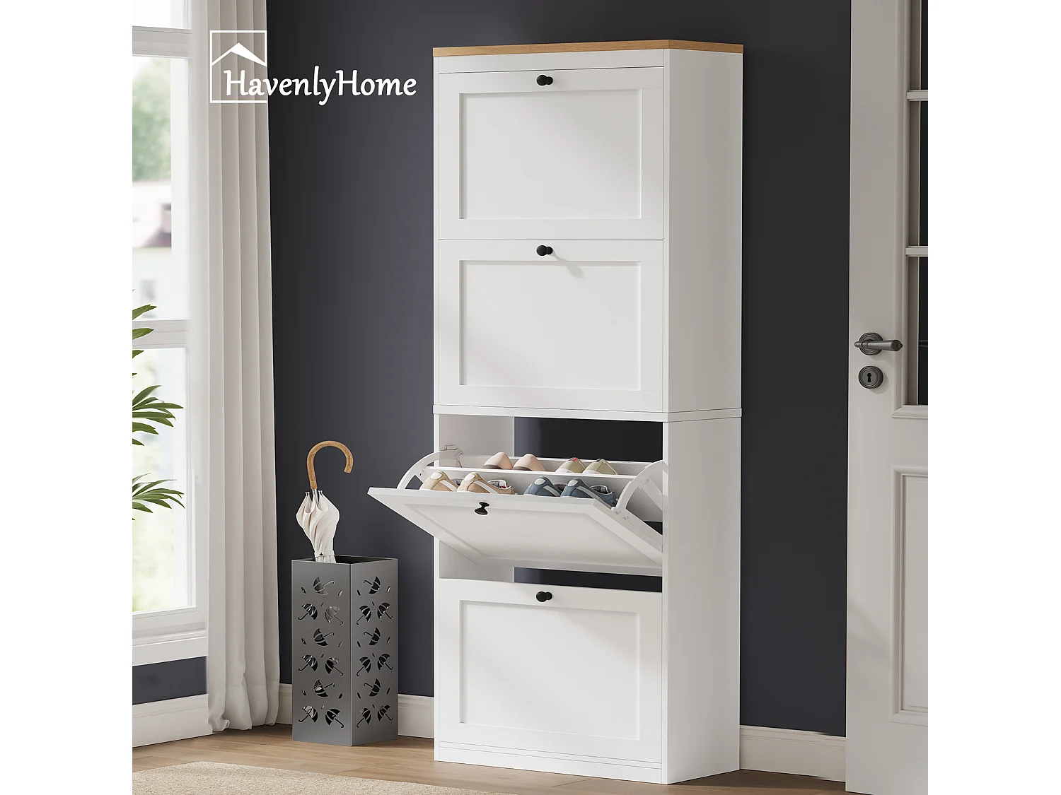 Meuble à Chaussures HavenlyHome, 3 Portes Abattantes, Étagères Réglable, 12 à 18 Paires, pour Entrée, Couloir, 60x24x117cm, Blanc