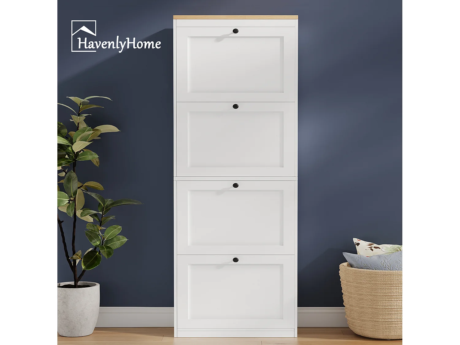 Meuble à Chaussures HavenlyHome, 3 Portes Abattantes, Étagères Réglable, 12 à 18 Paires, pour Entrée, Couloir, 60x24x117cm, Blanc