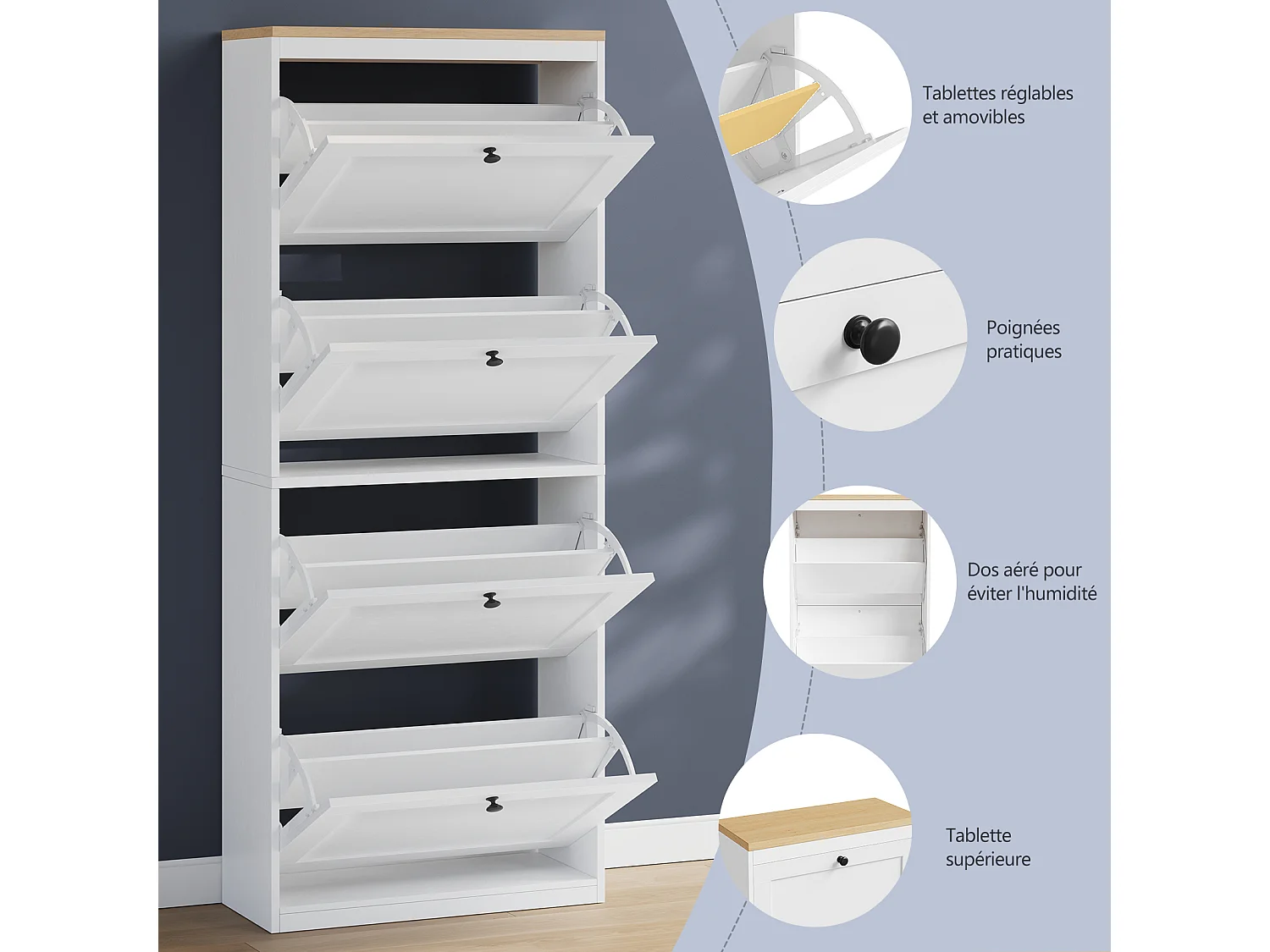 Meuble à Chaussures HavenlyHome, 3 Portes Abattantes, Étagères Réglable, 12 à 18 Paires, pour Entrée, Couloir, 60x24x117cm, Blanc