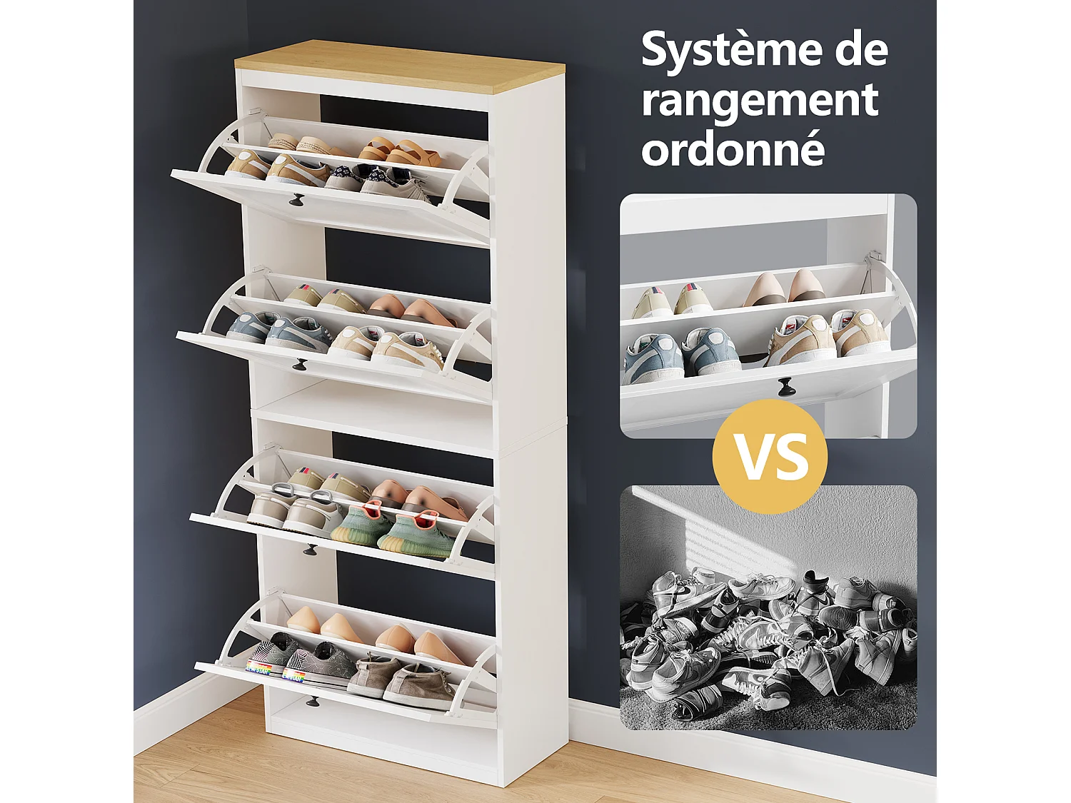 Meuble à Chaussures HavenlyHome, 3 Portes Abattantes, Étagères Réglable, 12 à 18 Paires, pour Entrée, Couloir, 60x24x117cm, Blanc