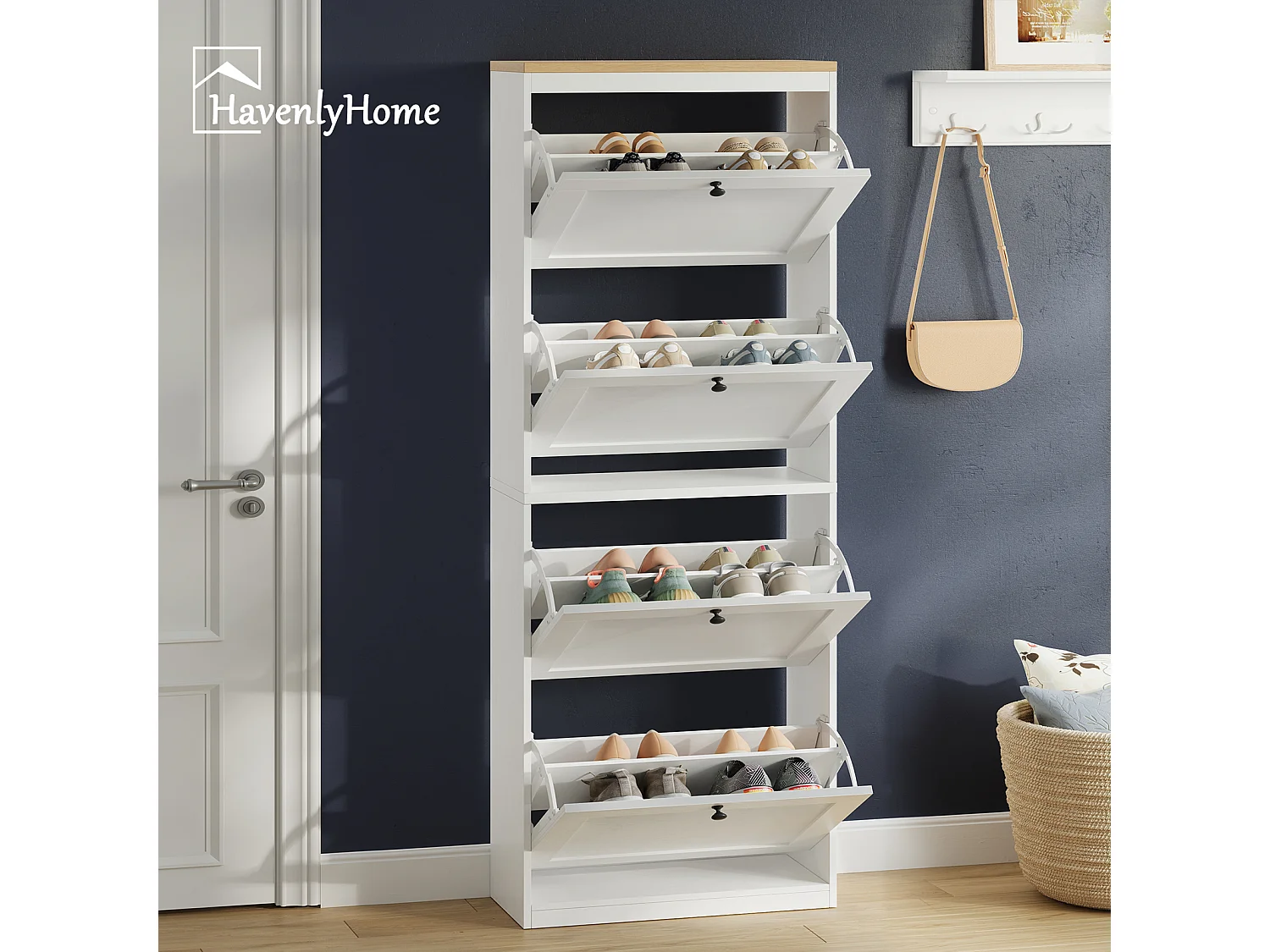 Meuble à Chaussures HavenlyHome, 3 Portes Abattantes, Étagères Réglable, 12 à 18 Paires, pour Entrée, Couloir, 60x24x117cm, Blanc