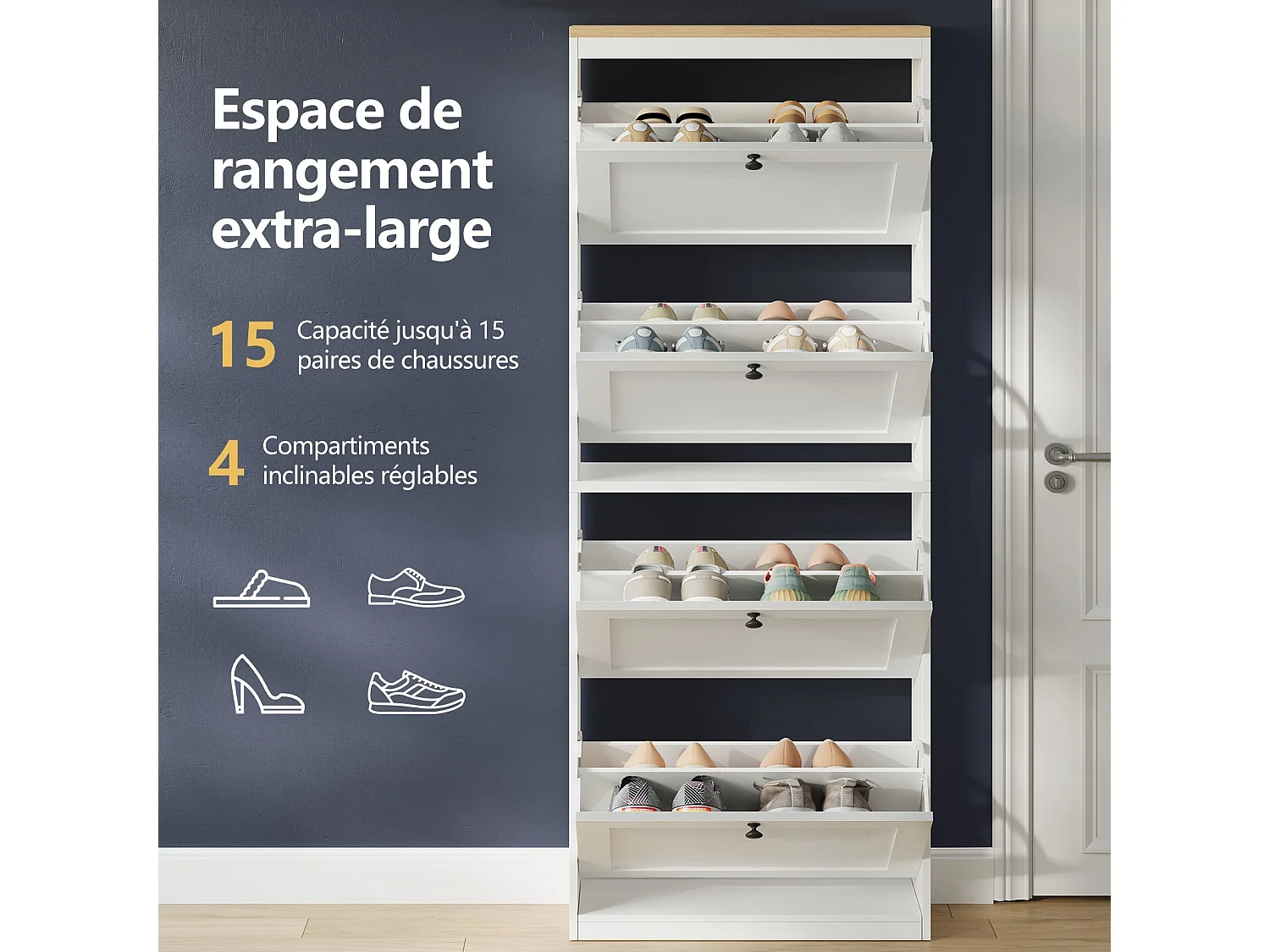 Meuble à Chaussures HavenlyHome, 3 Portes Abattantes, Étagères Réglable, 12 à 18 Paires, pour Entrée, Couloir, 60x24x117cm, Blanc