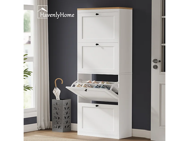 Meuble à Chaussures HavenlyHome, 3 Portes Abattantes, Étagères Réglable, 12 à 18 Paires, pour Entrée, Couloir, 60x24x117cm, Blanc