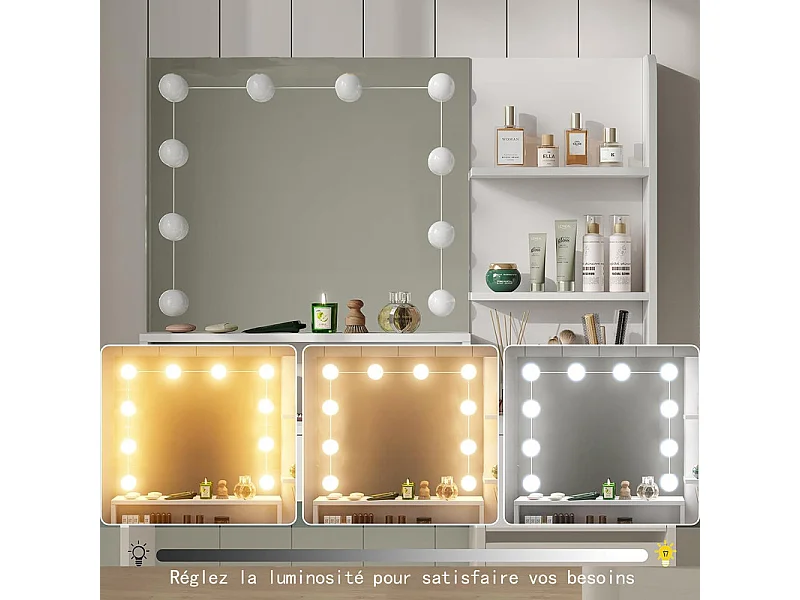 Coiffeuse HavenlyHome avec Miroir LED à Luminosité Réglable, tiroir, 3 Compartiments et Coiffeuse de Maquillage en Bois- Noir