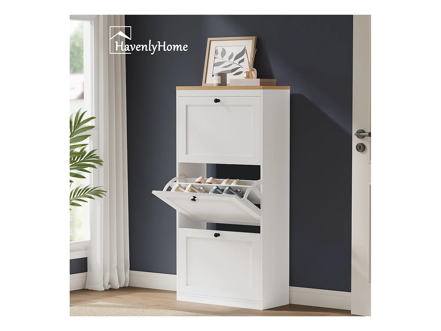 Meuble à Chaussures HavenlyHome, 4 Portes Abattantes, Étagères Réglable, 16 à 24 Paires, pour Entrée, Couloir, 60x24x150 cm, Blanc