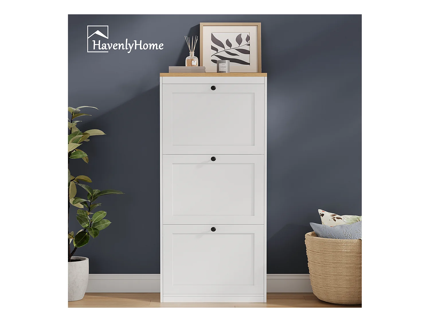 Meuble à Chaussures HavenlyHome, 4 Portes Abattantes, Étagères Réglable, 16 à 24 Paires, pour Entrée, Couloir, 60x24x150 cm, Blanc