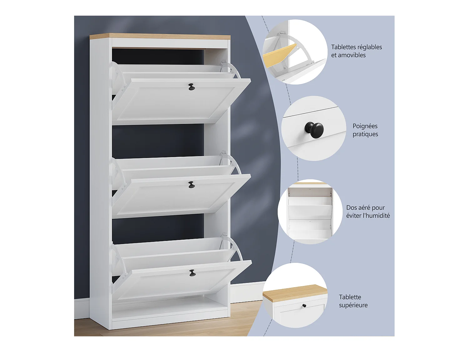 Meuble à Chaussures HavenlyHome, 4 Portes Abattantes, Étagères Réglable, 16 à 24 Paires, pour Entrée, Couloir, 60x24x150 cm, Blanc