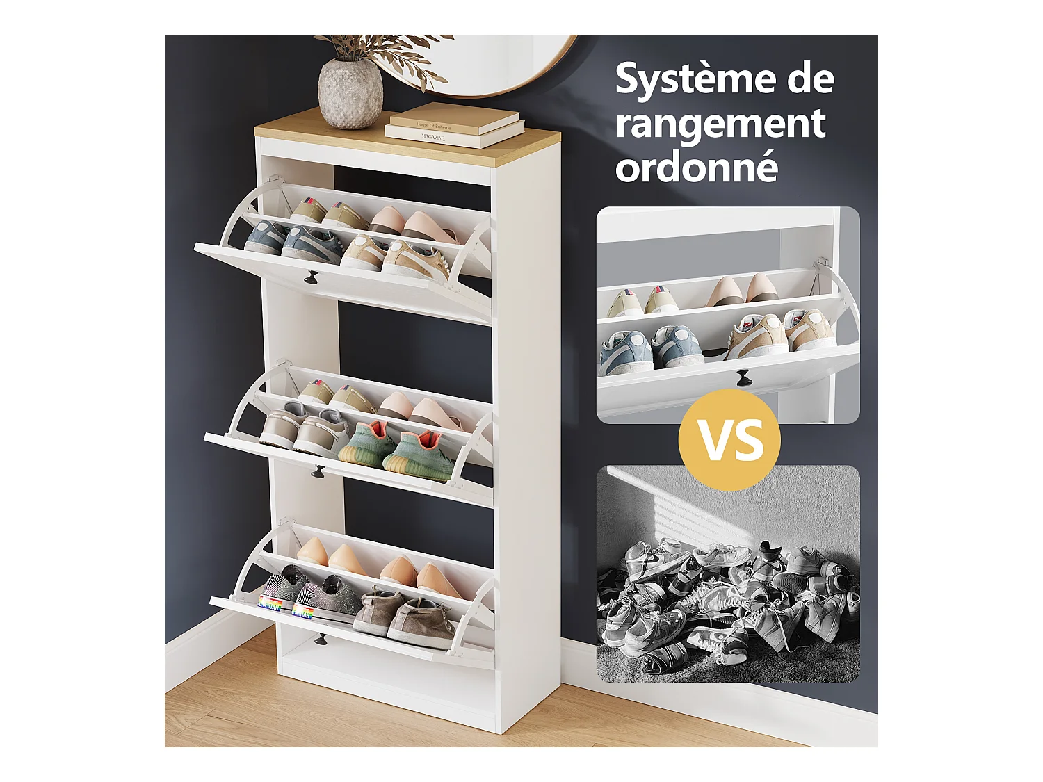 Meuble à Chaussures HavenlyHome, 4 Portes Abattantes, Étagères Réglable, 16 à 24 Paires, pour Entrée, Couloir, 60x24x150 cm, Blanc