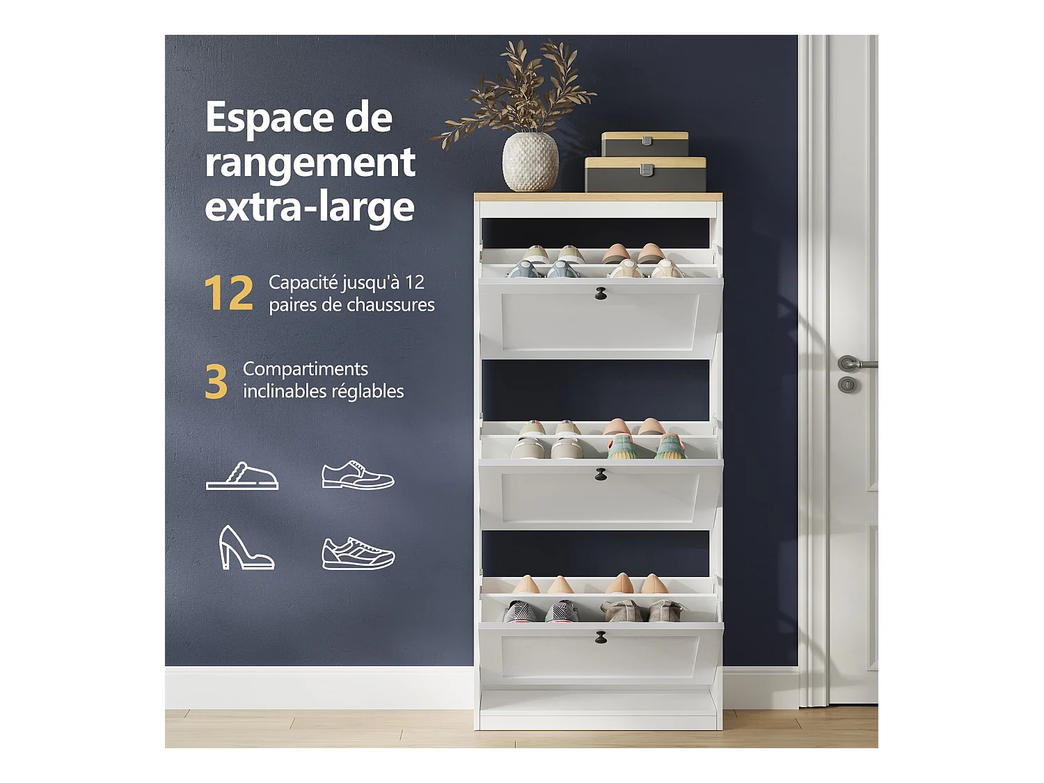 Meuble à Chaussures HavenlyHome, 4 Portes Abattantes, Étagères Réglable, 16 à 24 Paires, pour Entrée, Couloir, 60x24x150 cm, Blanc