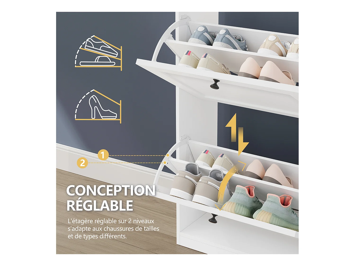 Meuble à Chaussures HavenlyHome, 4 Portes Abattantes, Étagères Réglable, 16 à 24 Paires, pour Entrée, Couloir, 60x24x150 cm, Blanc