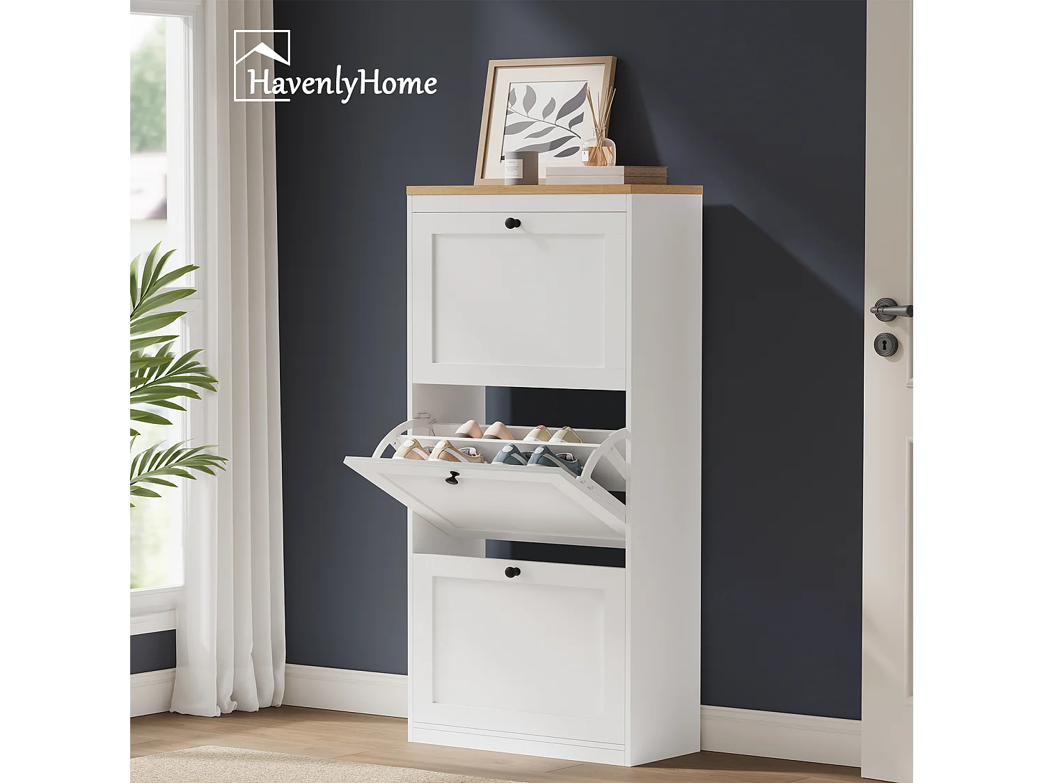 Meuble à Chaussures HavenlyHome, 4 Portes Abattantes, Étagères Réglable, 16 à 24 Paires, pour Entrée, Couloir, 60x24x150 cm, Blanc