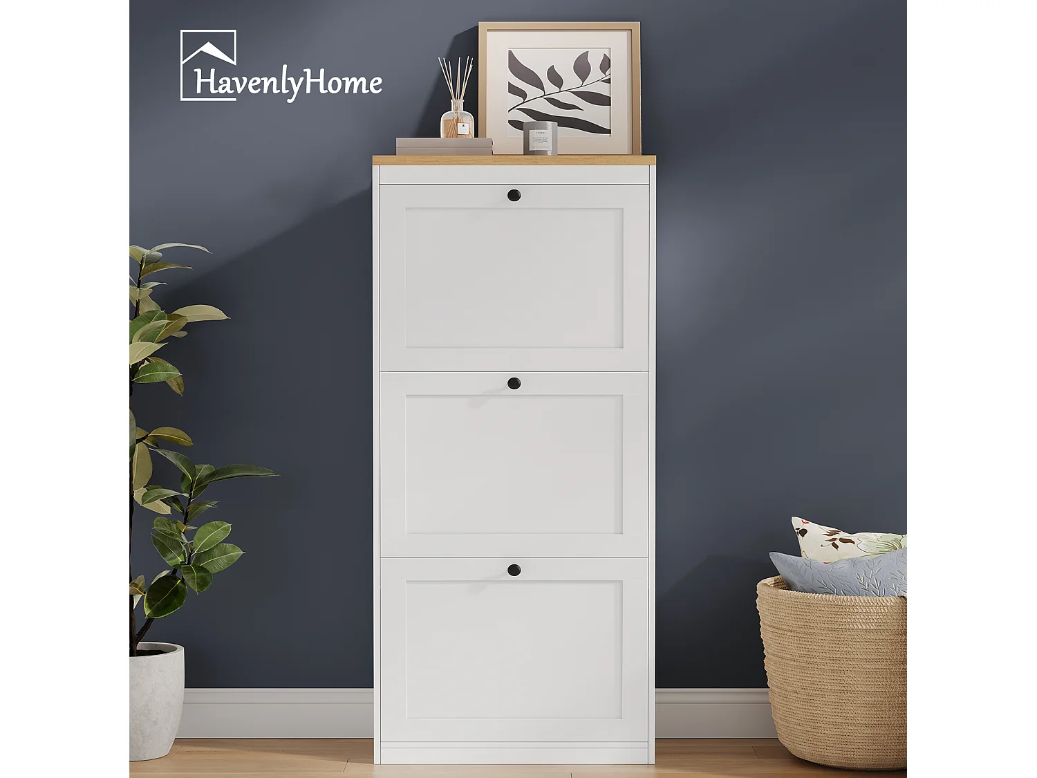 Meuble à Chaussures HavenlyHome, 4 Portes Abattantes, Étagères Réglable, 16 à 24 Paires, pour Entrée, Couloir, 60x24x150 cm, Blanc